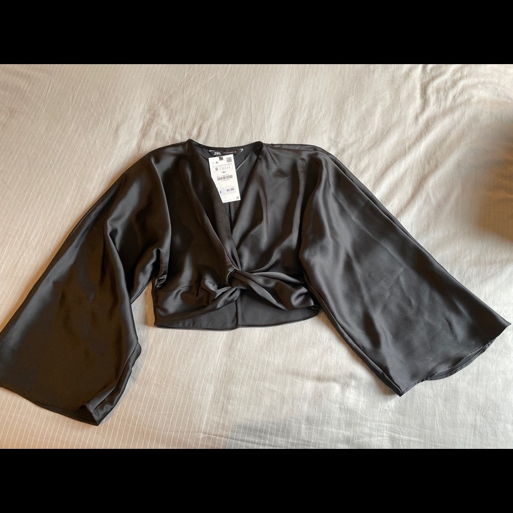 Zara black satin cropped blouse